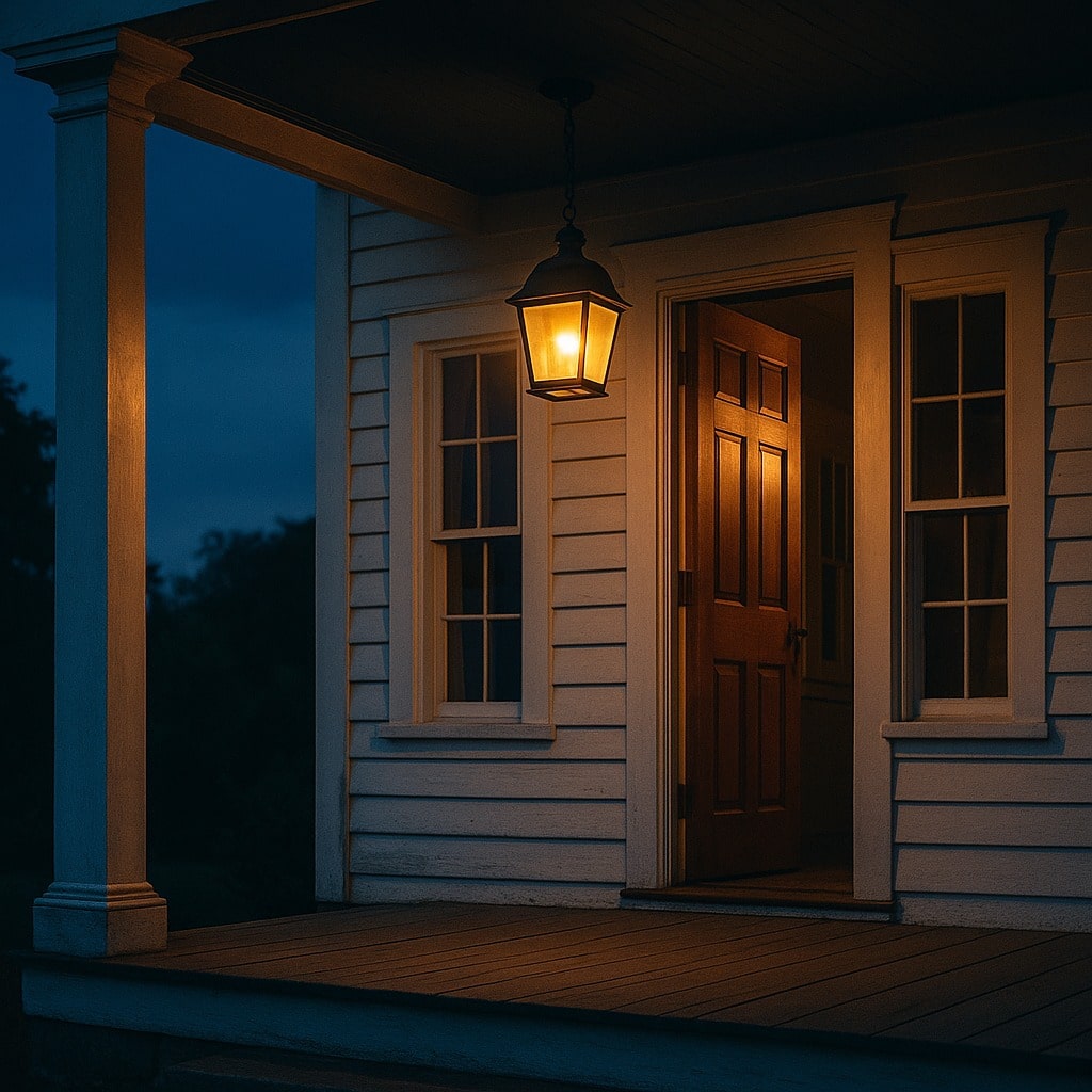 A welcoming front porch with a softly glowing lantern at dusk
